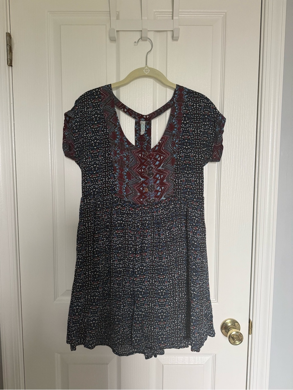 Free People Navy and Burgundy Short Sleeve Patterned Dress